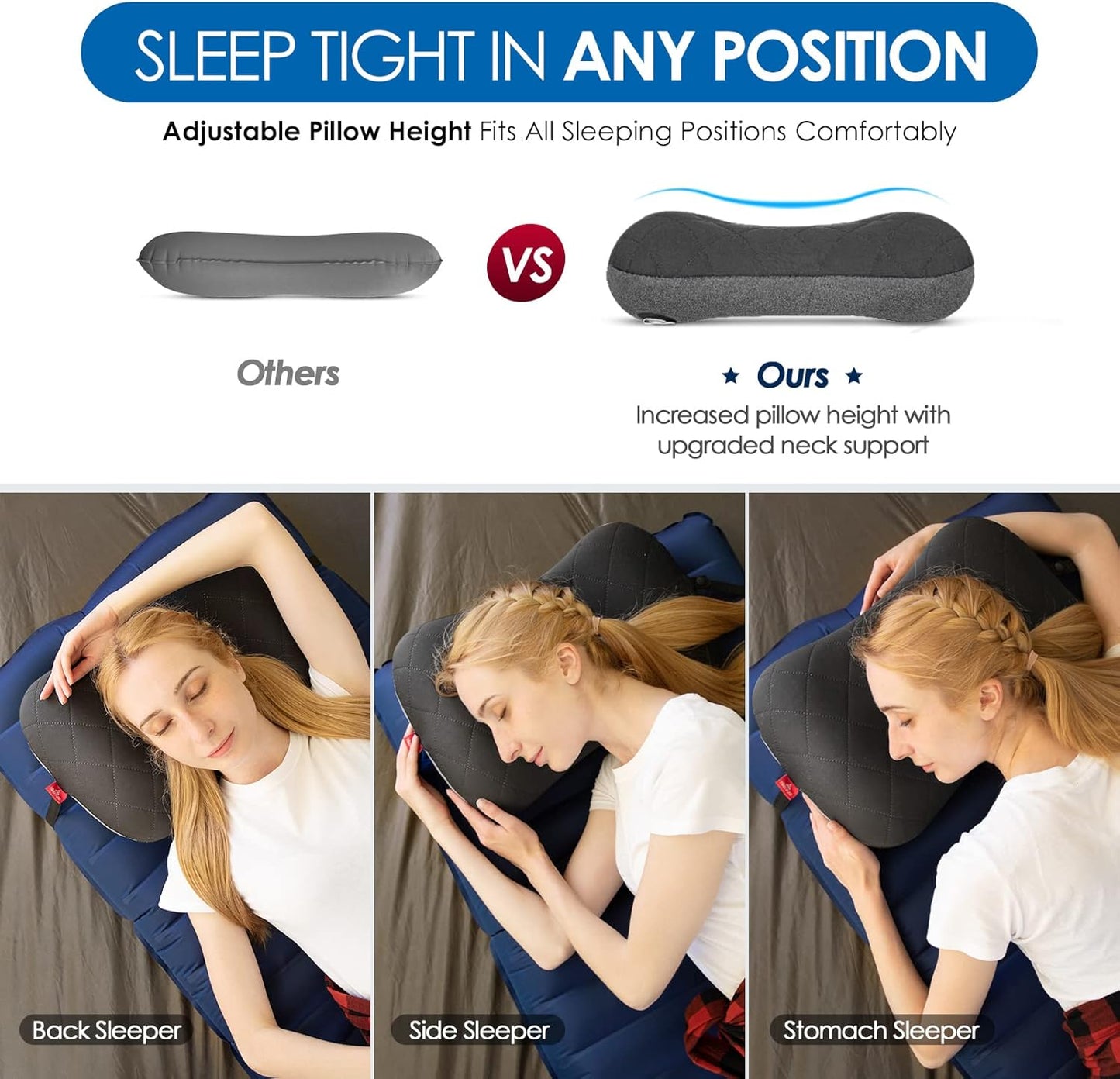 Camping Pillow with Removable Cover - Ultralight Inflatable Pillow for Neck Lumbar Support - Upgrade Backpacking Pillow - Washable Travel Air Pillows for Camping, Hiking, Backpacking