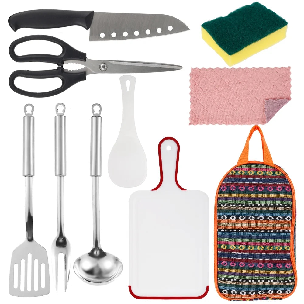 9 Piece Camp Kitchen Cooking Utensil Set Travel Organizer Grill Accessories Portable Compact Gear for Backpacking BBQ Camping Hiking Travel Cookware Kit Water Resistant Case