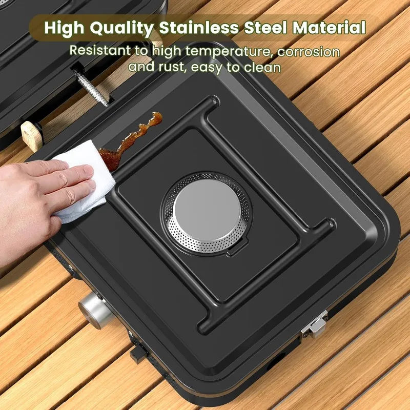 2-Burner Foldable Camping Stove with Griddle (Textured & Smooth) and Carrying Bag, Portable Propane Camp Stove