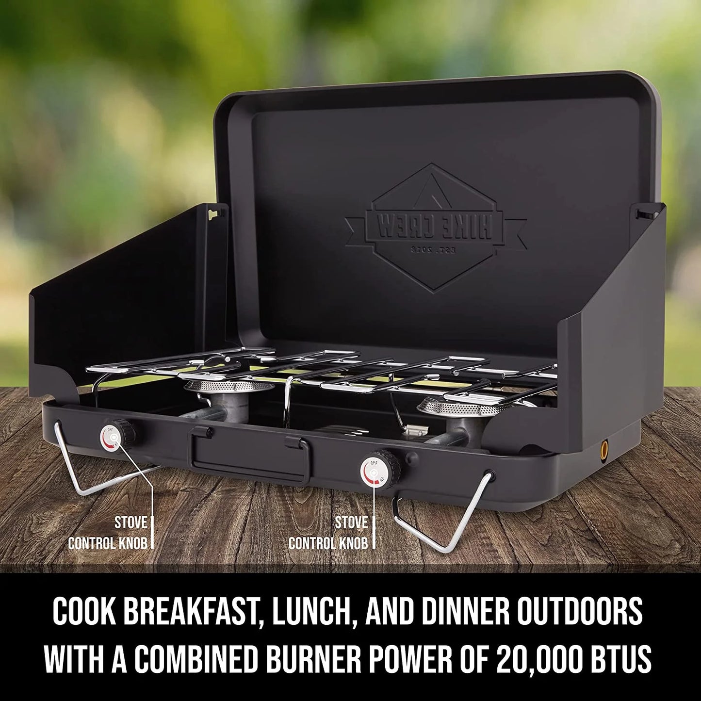 Dual Propane Burner Camping Stove, Portable Stove with Igniter, Handle & Wind Panels, Black