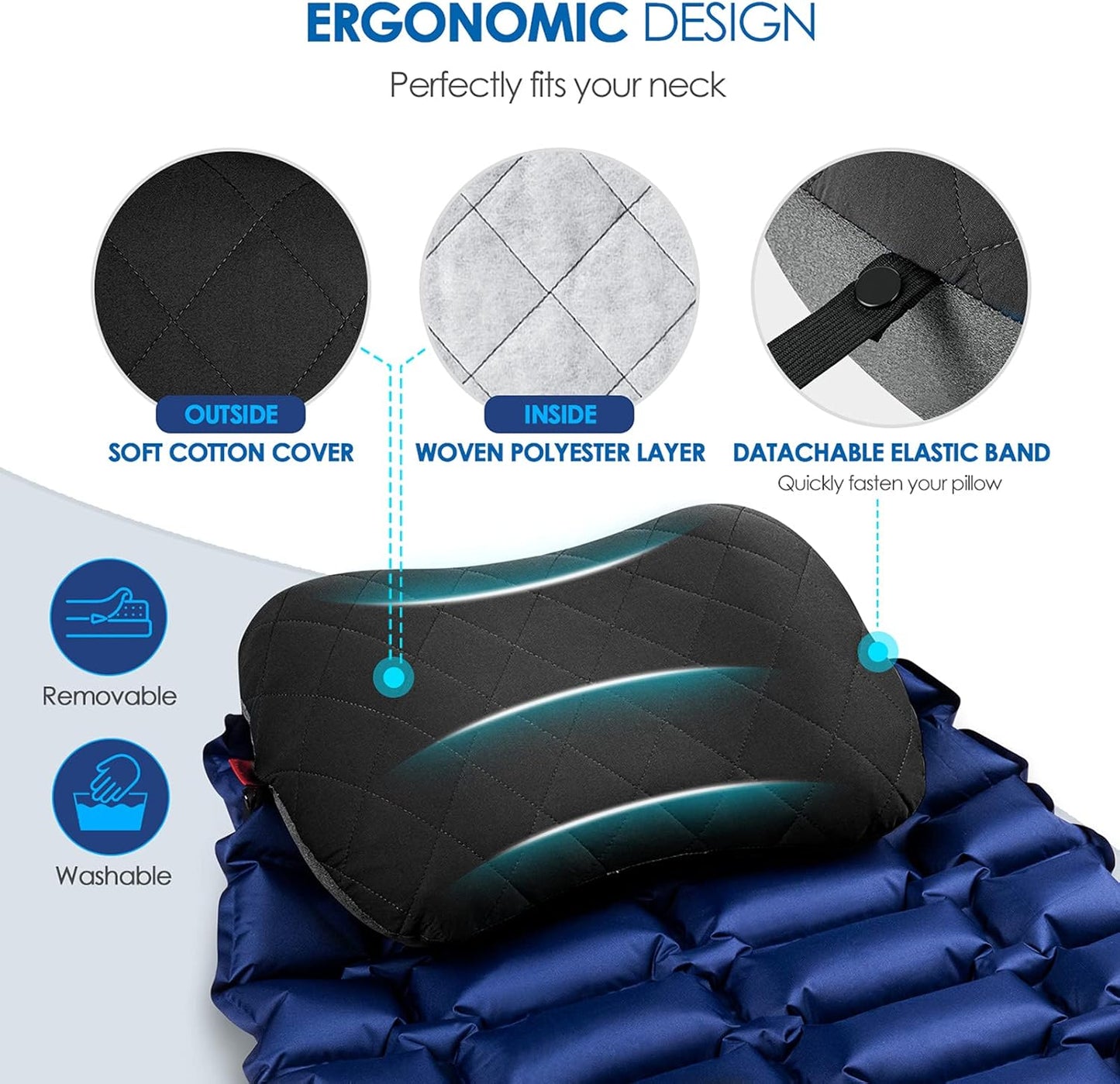 Camping Pillow with Removable Cover - Ultralight Inflatable Pillow for Neck Lumbar Support - Upgrade Backpacking Pillow - Washable Travel Air Pillows for Camping, Hiking, Backpacking