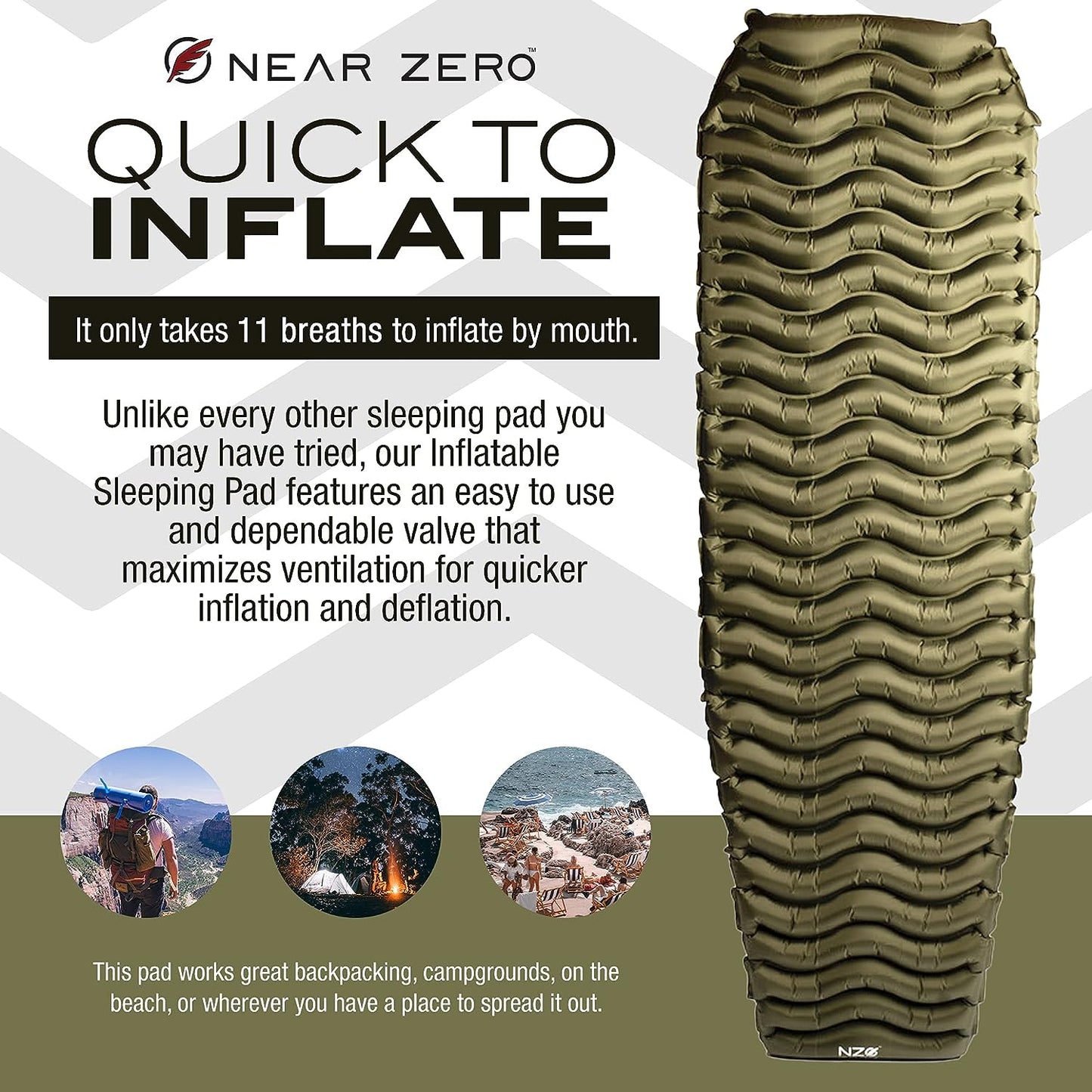 Ultralight Inflatable Sleeping Pad – Compact 14.5 Oz Air Pad 2" Thick, Quick Inflate with 11 Breaths, Durable Rip-Resistant Nylon – Ideal for Backpacking & Warm Weather, Green