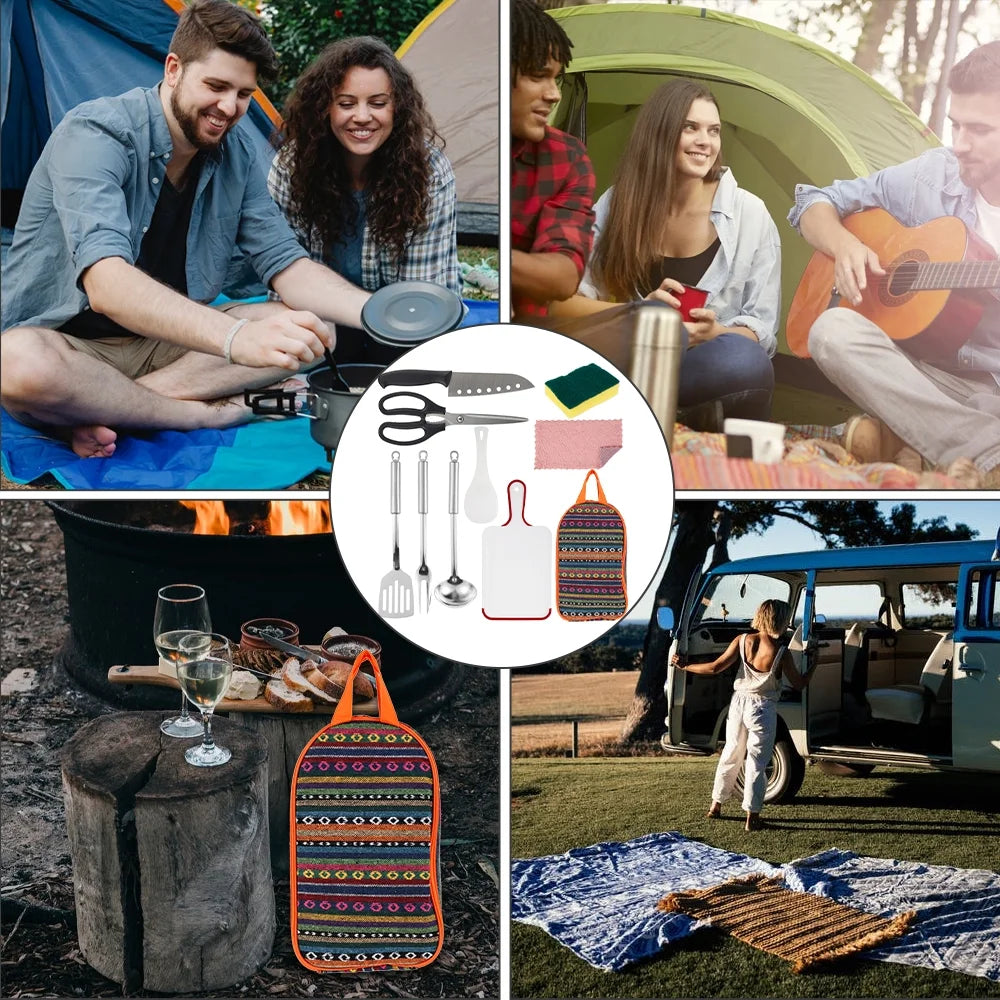 9 Piece Camp Kitchen Cooking Utensil Set Travel Organizer Grill Accessories Portable Compact Gear for Backpacking BBQ Camping Hiking Travel Cookware Kit Water Resistant Case