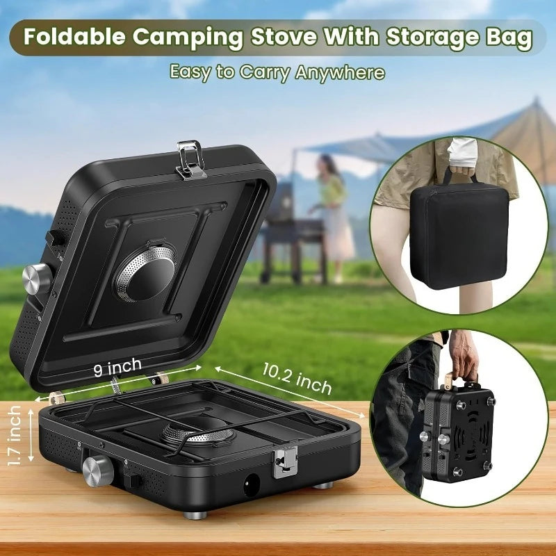 2-Burner Foldable Camping Stove with Griddle (Textured & Smooth) and Carrying Bag, Portable Propane Camp Stove
