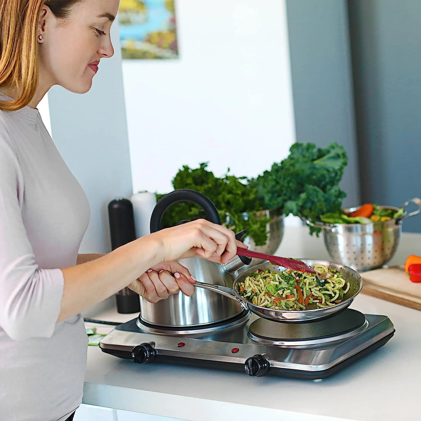 Countertop Infrared Double Burner, 1500W Electric Hot Plate & Portable Stove, Silver BGI202S