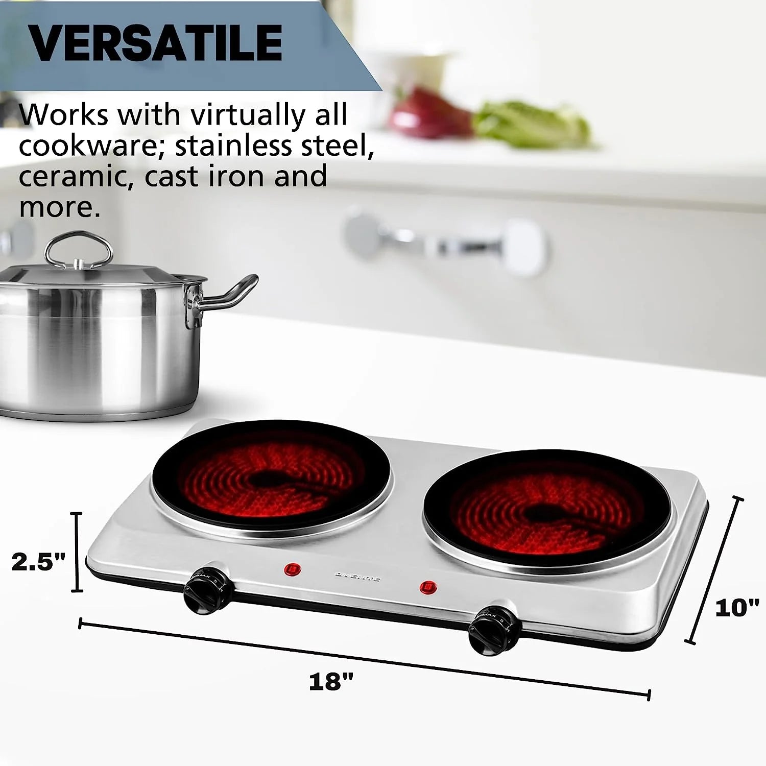 Countertop Infrared Double Burner, 1500W Electric Hot Plate & Portable Stove, Silver BGI202S