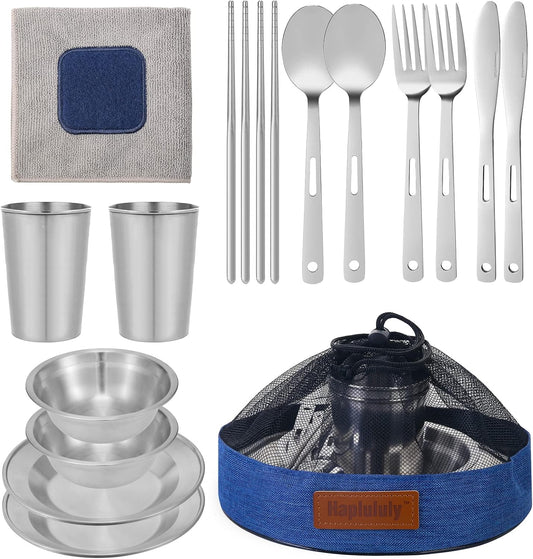 Camping Mess Kit - for Camping 1 to 2 Person Boy Scout Camp Dishes Camping Cooking Utensils Accessories Plates Dinnerware Set Outdoor