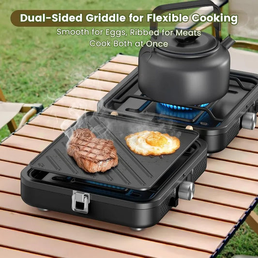 2-Burner Foldable Camping Stove with Griddle (Textured & Smooth) and Carrying Bag, Portable Propane Camp Stove