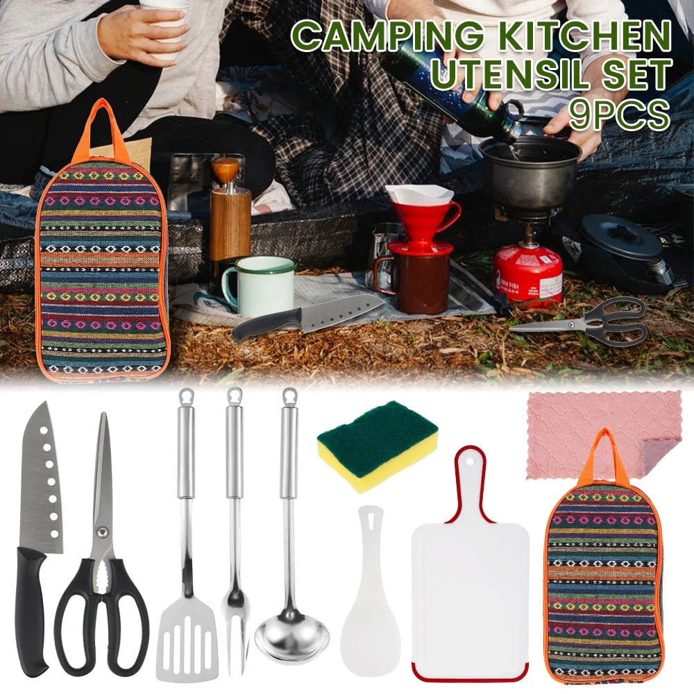 9 Piece Camp Kitchen Cooking Utensil Set Travel Organizer Grill Accessories Portable Compact Gear for Backpacking BBQ Camping Hiking Travel Cookware Kit Water Resistant Case