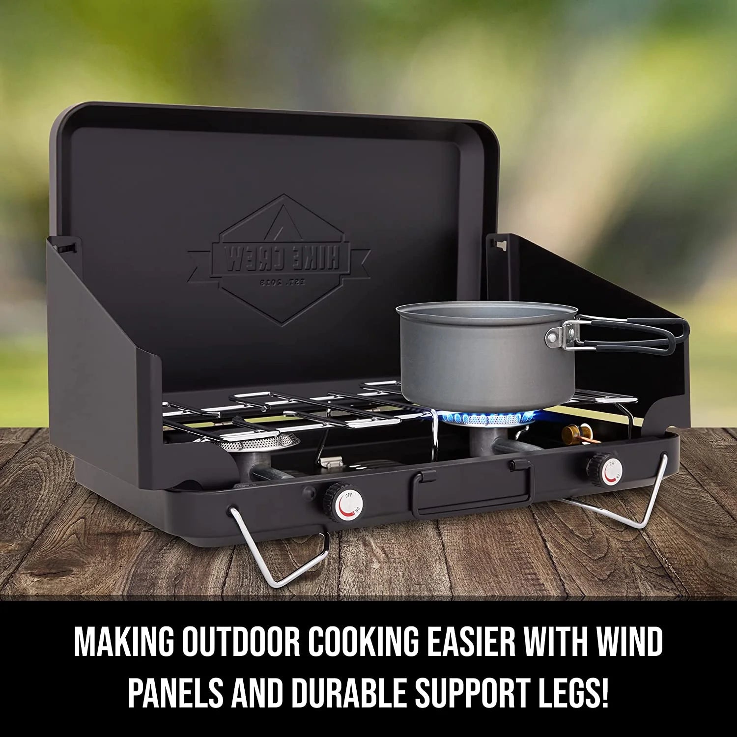 Dual Propane Burner Camping Stove, Portable Stove with Igniter, Handle & Wind Panels, Black
