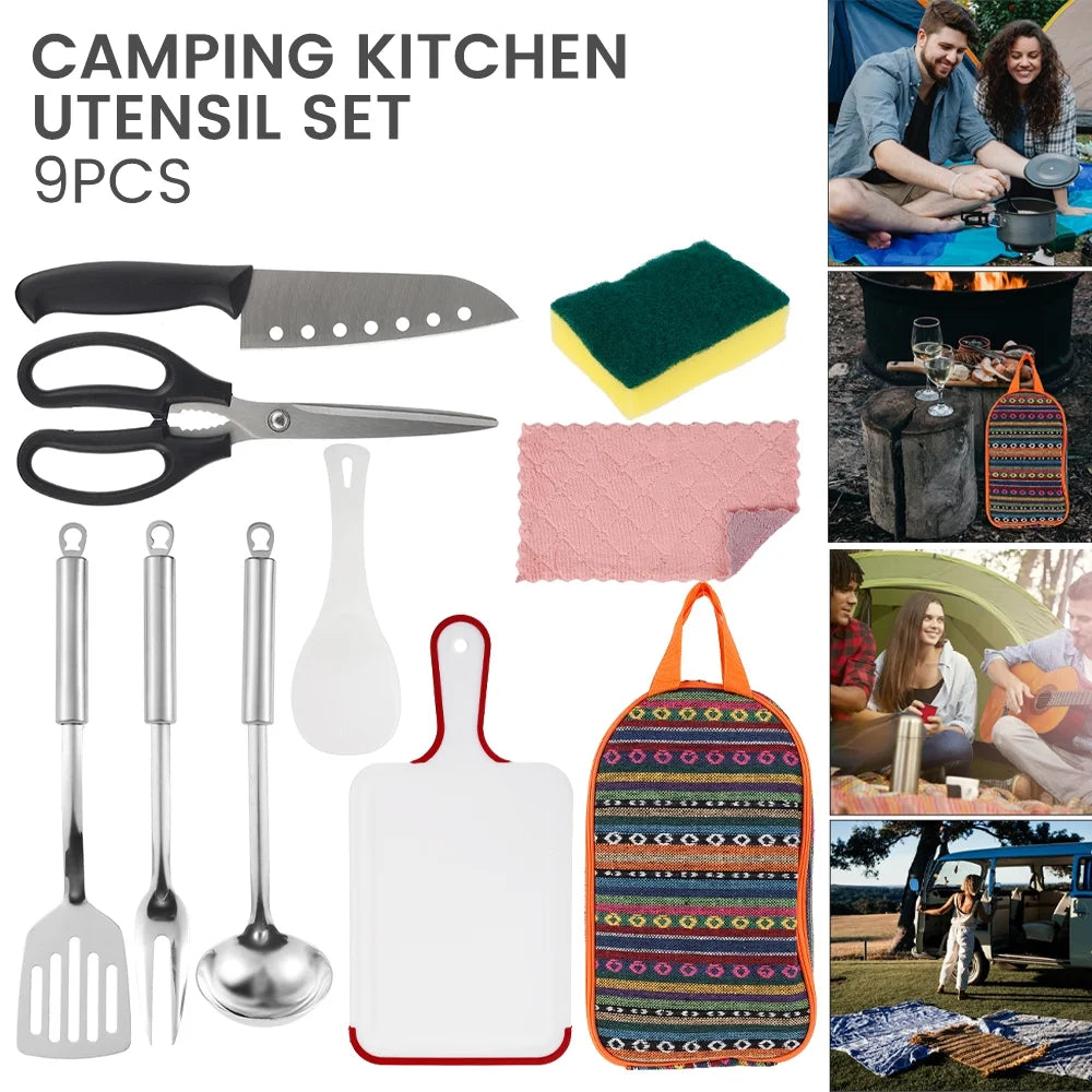 9 Piece Camp Kitchen Cooking Utensil Set Travel Organizer Grill Accessories Portable Compact Gear for Backpacking BBQ Camping Hiking Travel Cookware Kit Water Resistant Case