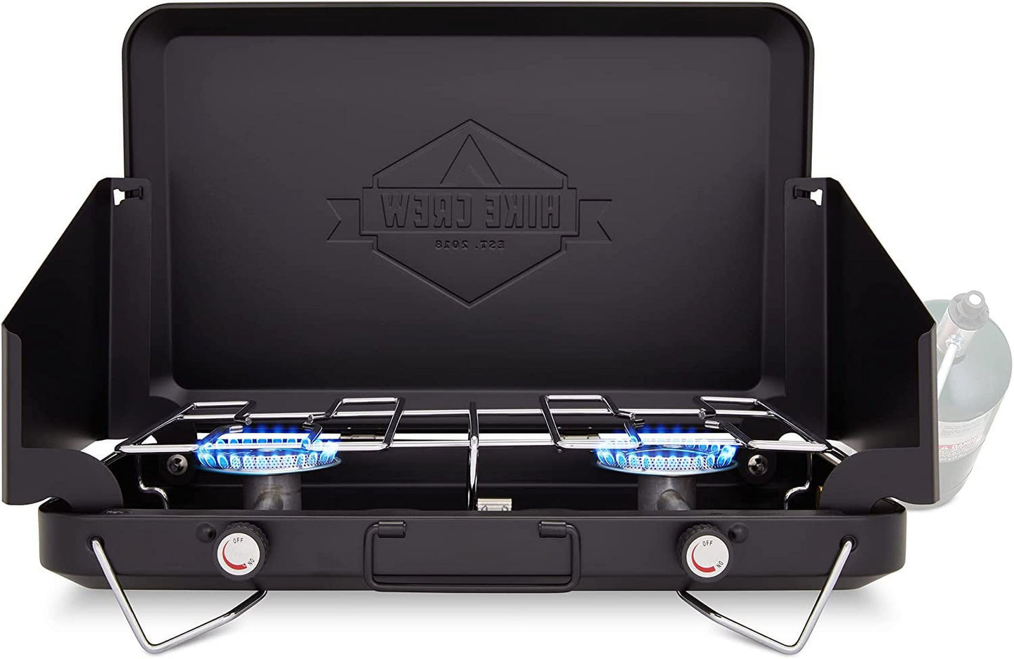 Dual Propane Burner Camping Stove, Portable Stove with Igniter, Handle & Wind Panels, Black