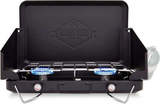 Dual Propane Burner Camping Stove, Portable Stove with Igniter, Handle & Wind Panels, Black