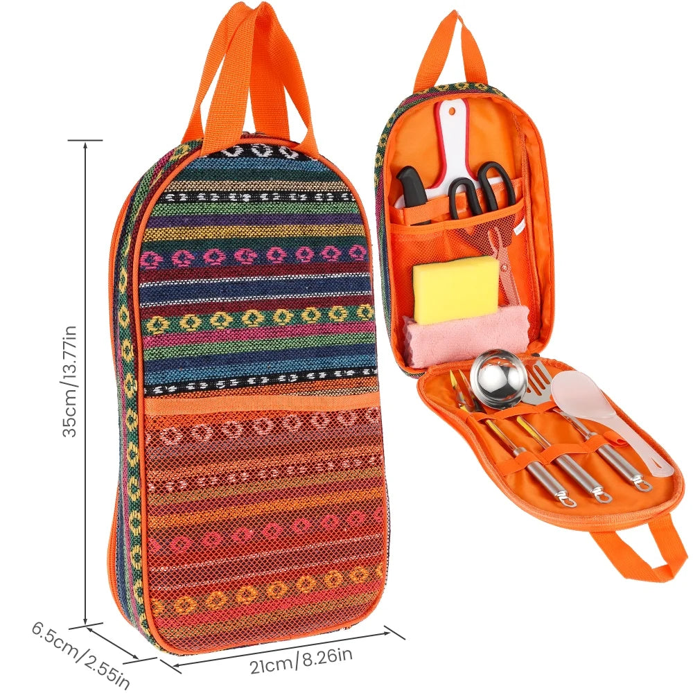 9 Piece Camp Kitchen Cooking Utensil Set Travel Organizer Grill Accessories Portable Compact Gear for Backpacking BBQ Camping Hiking Travel Cookware Kit Water Resistant Case