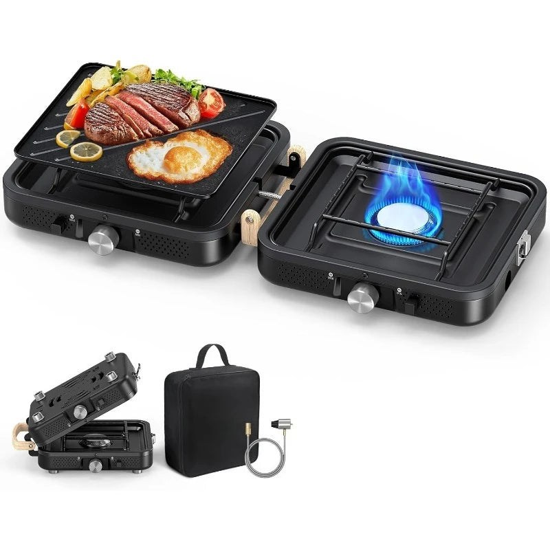 2-Burner Foldable Camping Stove with Griddle (Textured & Smooth) and Carrying Bag, Portable Propane Camp Stove