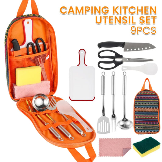 9 Piece Camp Kitchen Cooking Utensil Set Travel Organizer Grill Accessories Portable Compact Gear for Backpacking BBQ Camping Hiking Travel Cookware Kit Water Resistant Case
