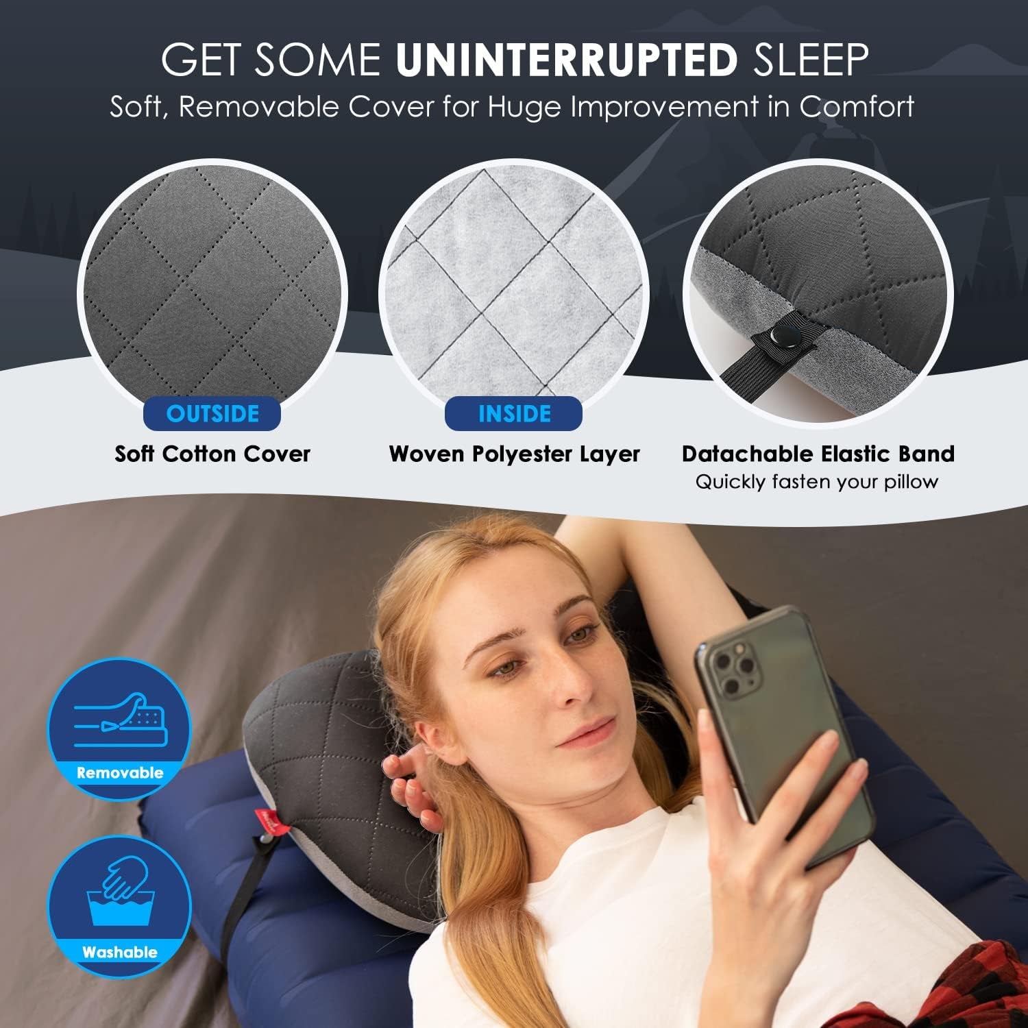 Camping Pillow with Removable Cover - Ultralight Inflatable Pillow for Neck Lumbar Support - Upgrade Backpacking Pillow - Washable Travel Air Pillows for Camping, Hiking, Backpacking