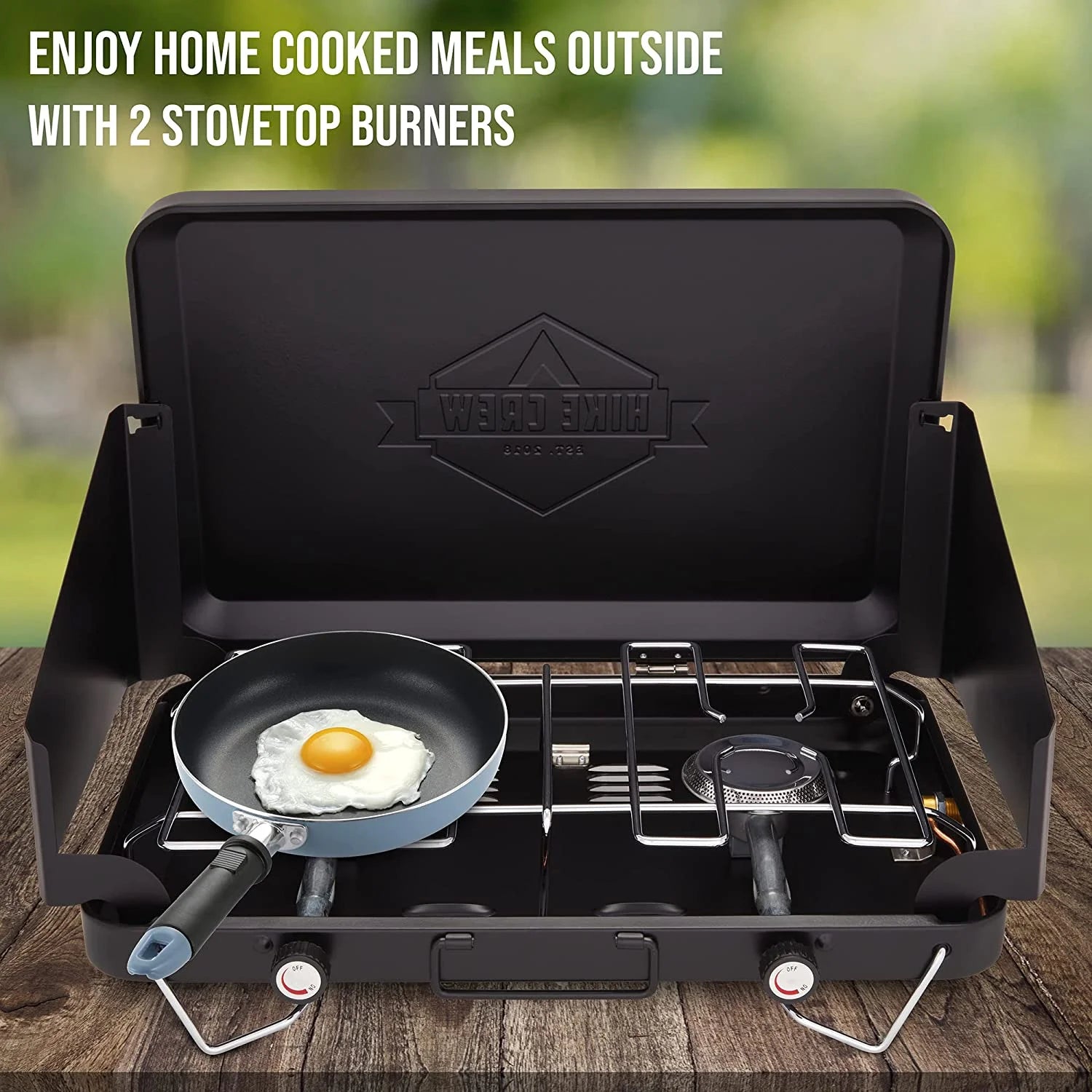 Dual Propane Burner Camping Stove, Portable Stove with Igniter, Handle & Wind Panels, Black