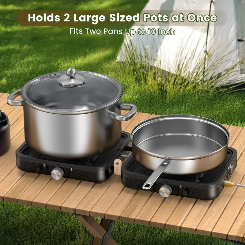 2-Burner Foldable Camping Stove with Griddle (Textured & Smooth) and Carrying Bag, Portable Propane Camp Stove